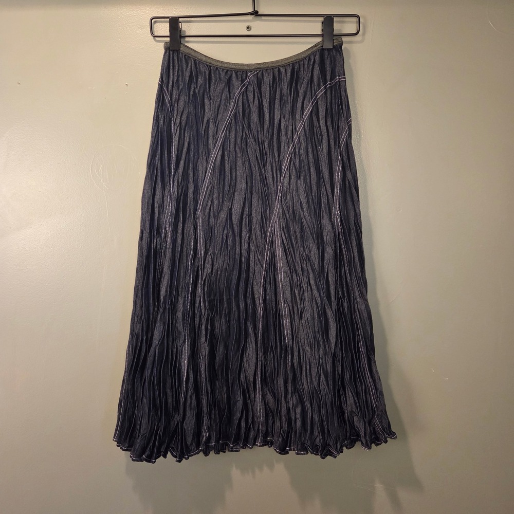 Alberto Makali Pleated Faux Denim Midi Skirt Size 4 Navy Blue Contrast Stitch